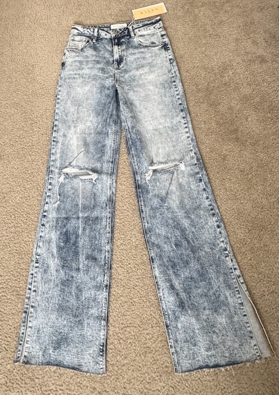 Risen Jeans Womens 9/29 High Rise Wide Leg Distressed Split Hem Acid Wash